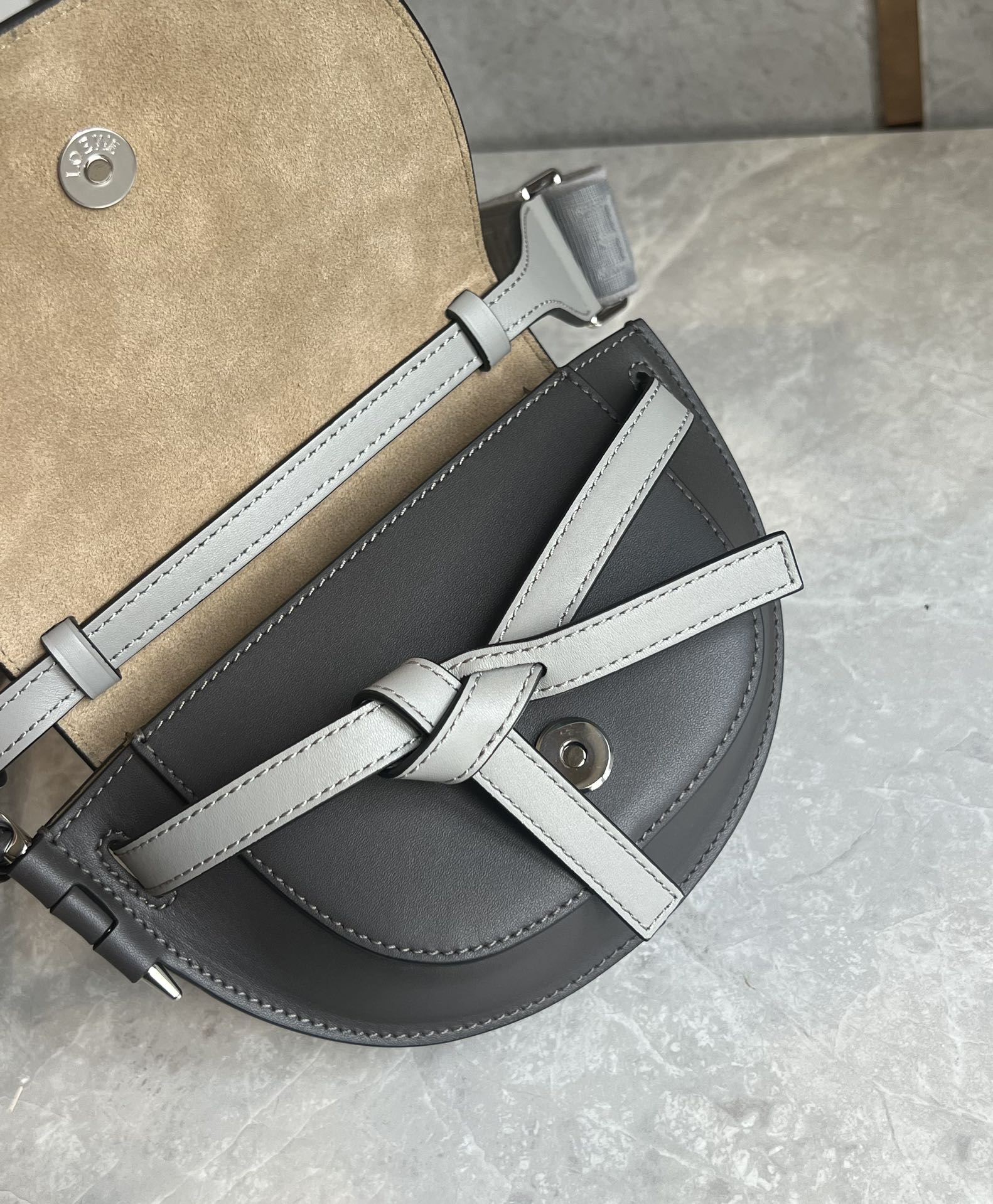 Loewe Mini Gate Dual Bag in Soft Calfskin and Jacquard Grey/Black